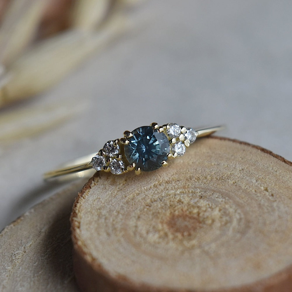 Montana Blue Sapphire Ring with Triple Diamond Shoulder Accents