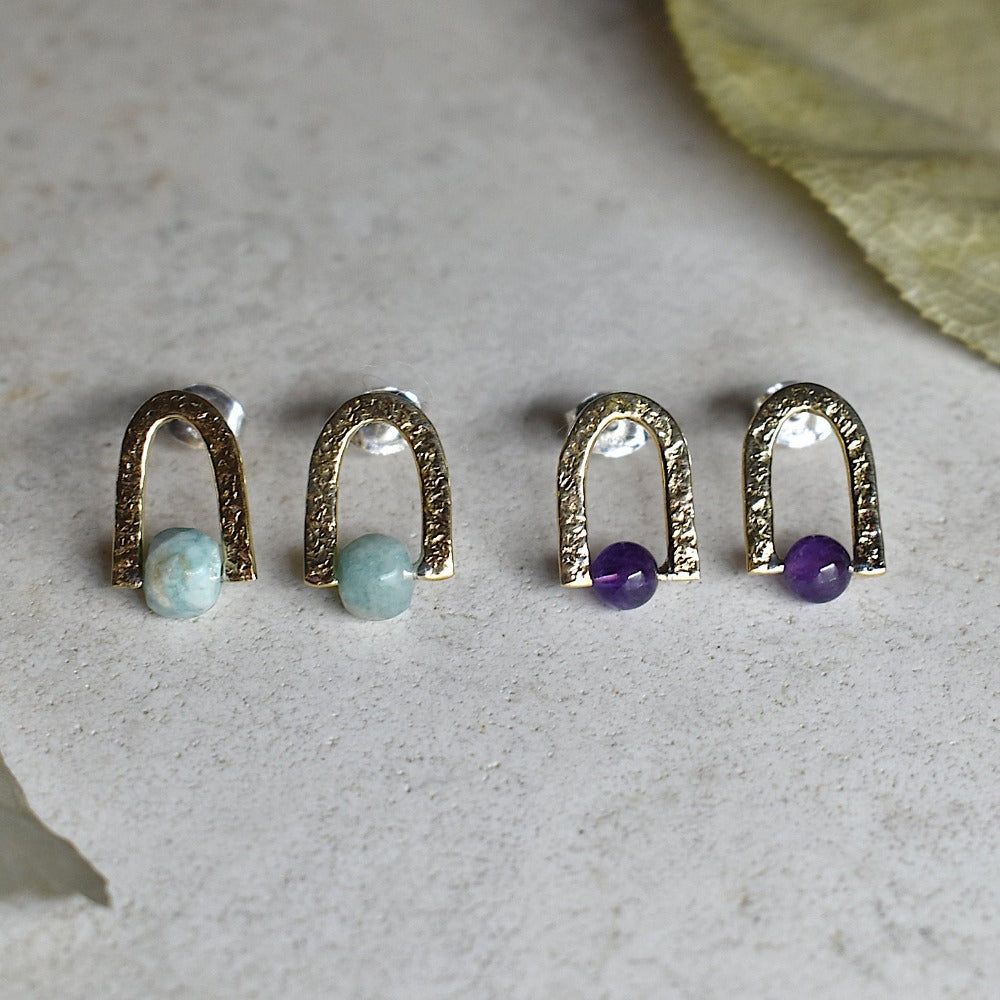 Hammered U Gemstone Stud Earrings | Magpie Jewellery