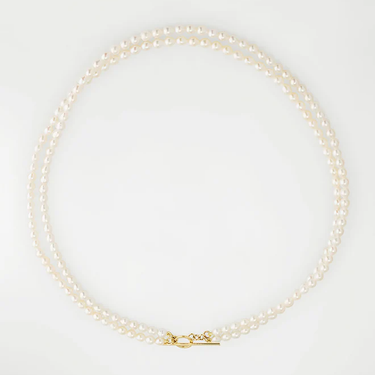 14k Yellow gold necklace featuring two strands of petite oval pearls, connected by a toggle clasp ( white pearls depicted in picture)