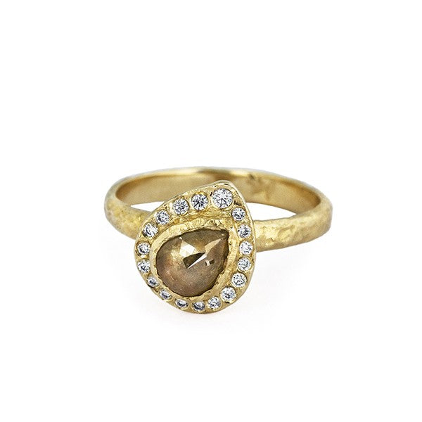Rustic Pear Diamond Halo Ring