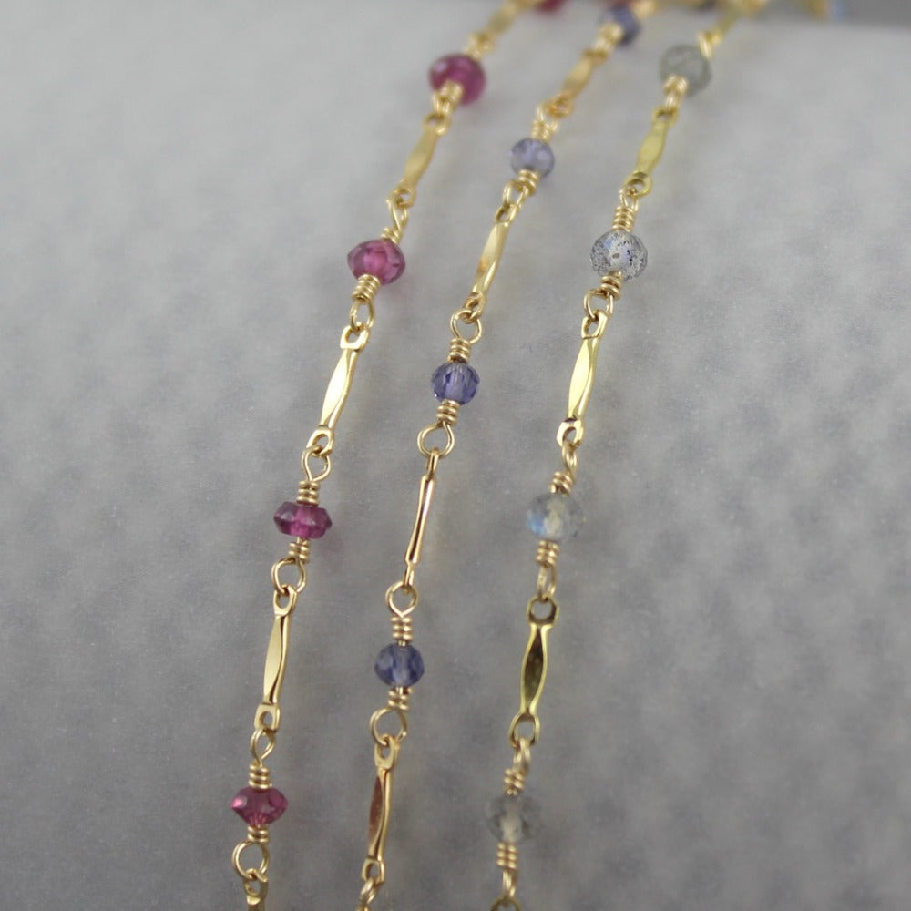 Dapped Bar &amp; Gemstone Chain Bracelet | Magpie Jewellery | Garnet | Iolite | Labradorite | Yellow Gold