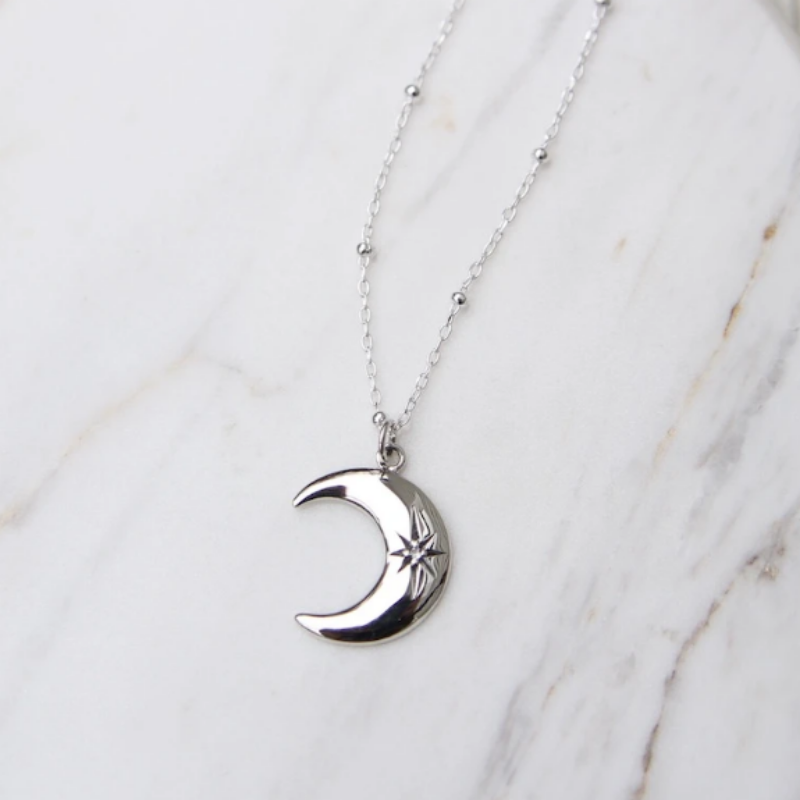 Crescent Moon Necklace with Star Set White Sapphire