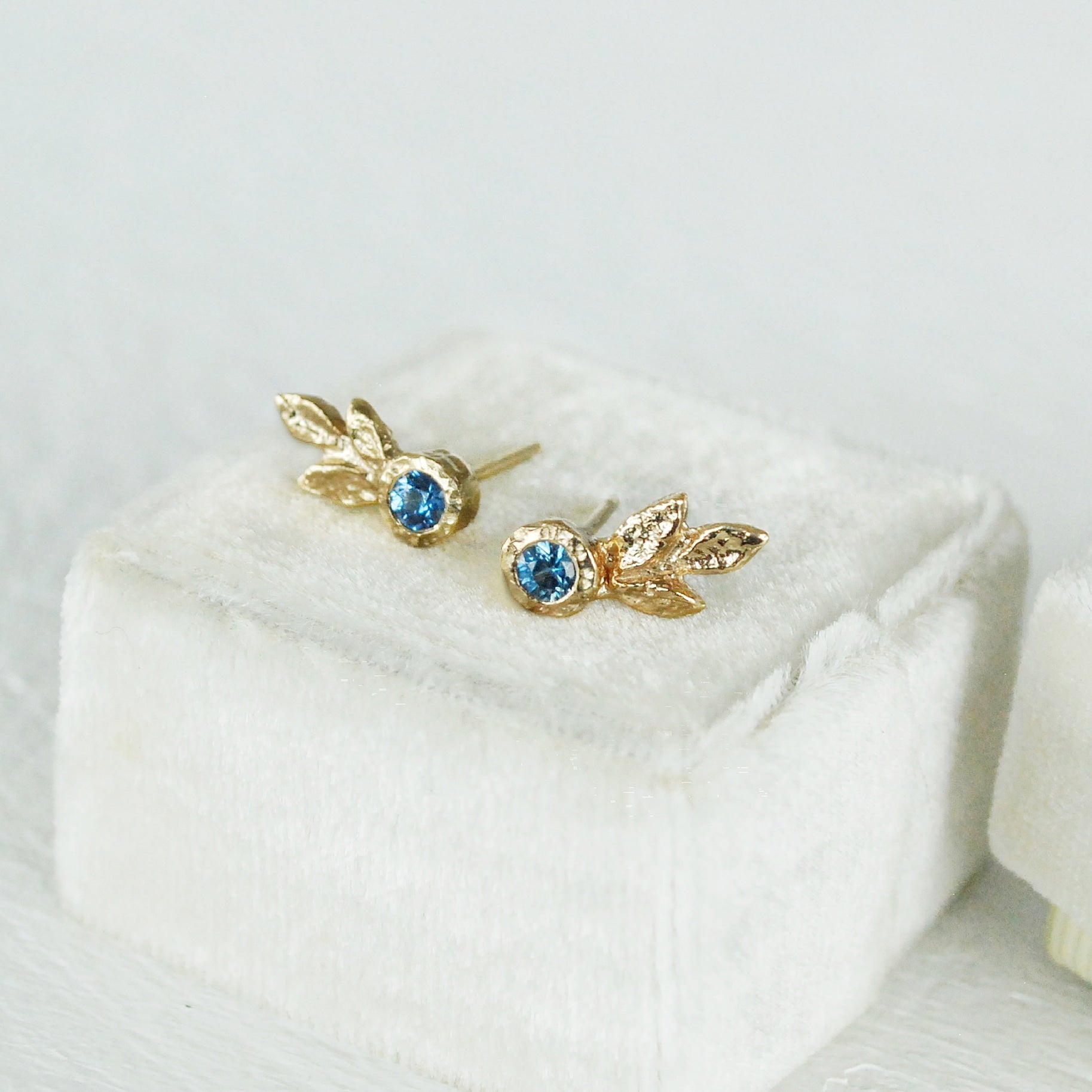 Triple Leaf Gold Earrings with Blue Sapphires | Magpie Jewellery