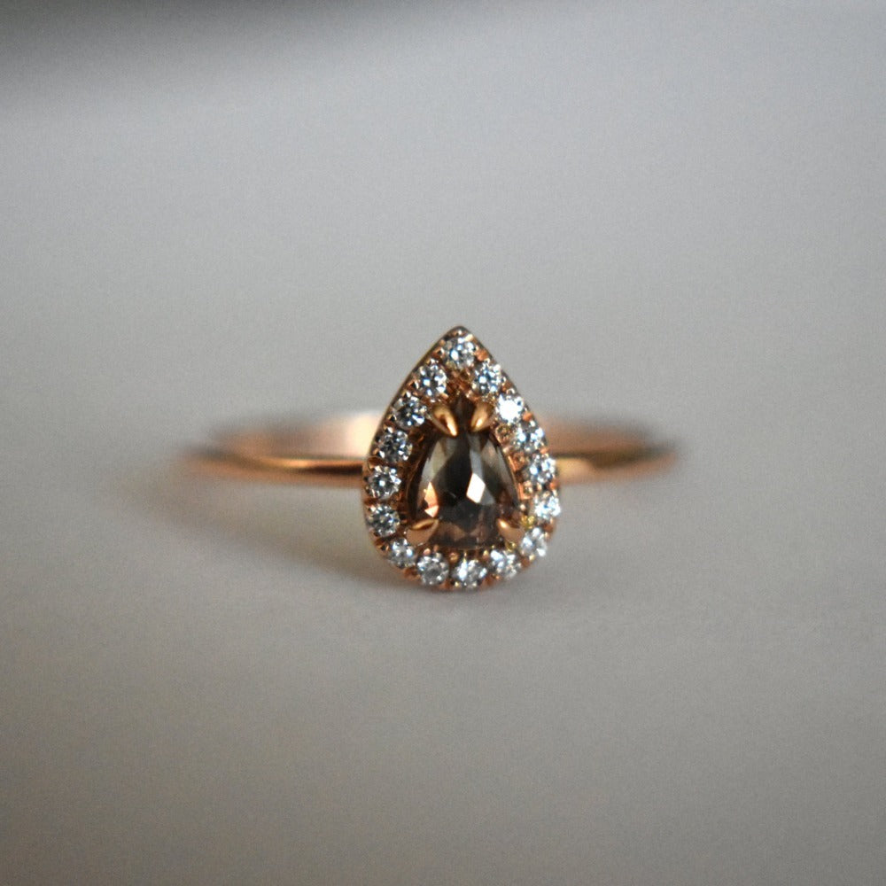 Pear-Shaped Burgundy Diamond Solitare with Halo | Magpie Jewellery