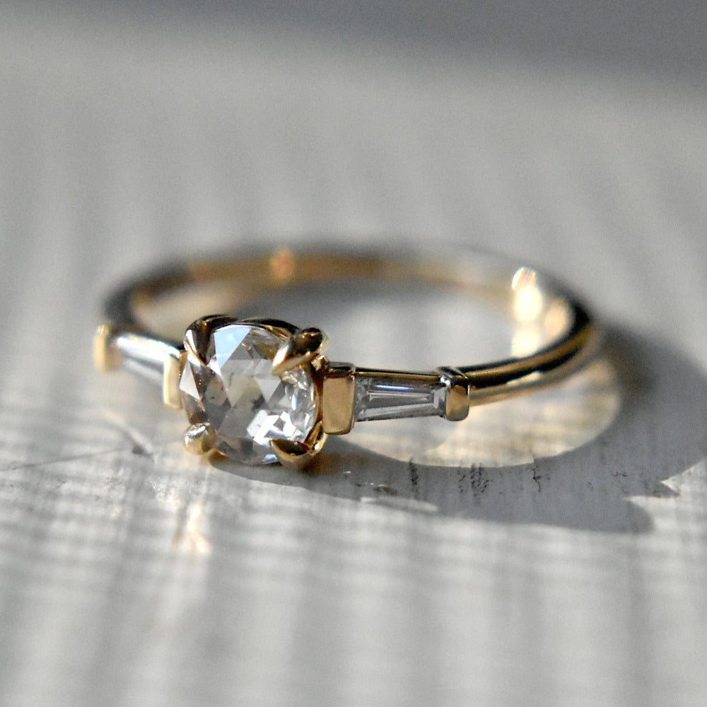 Rose-Cut White Diamond Engagement Ring with Tapered Baguette Accents - Magpie Jewellery