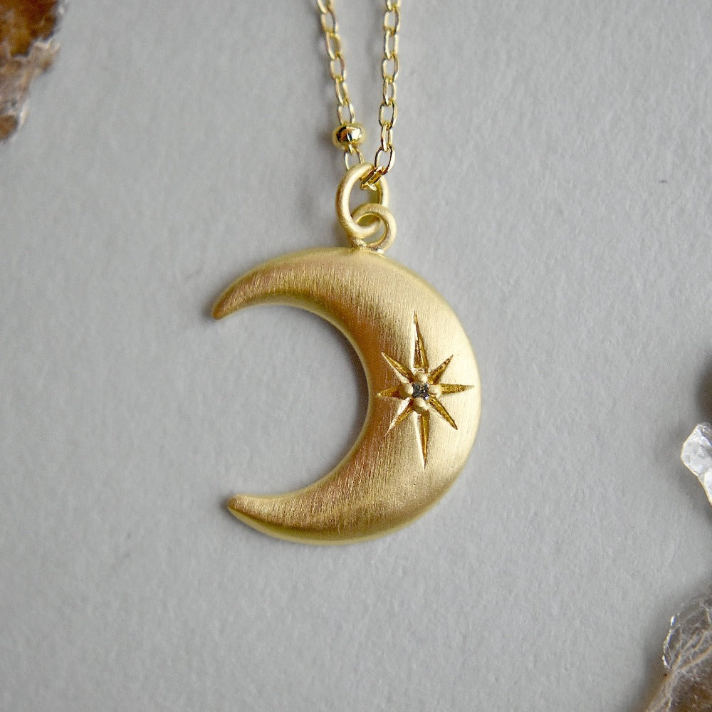 Crescent Moon Necklace with Star Set White Sapphire - Magpie Jewellery