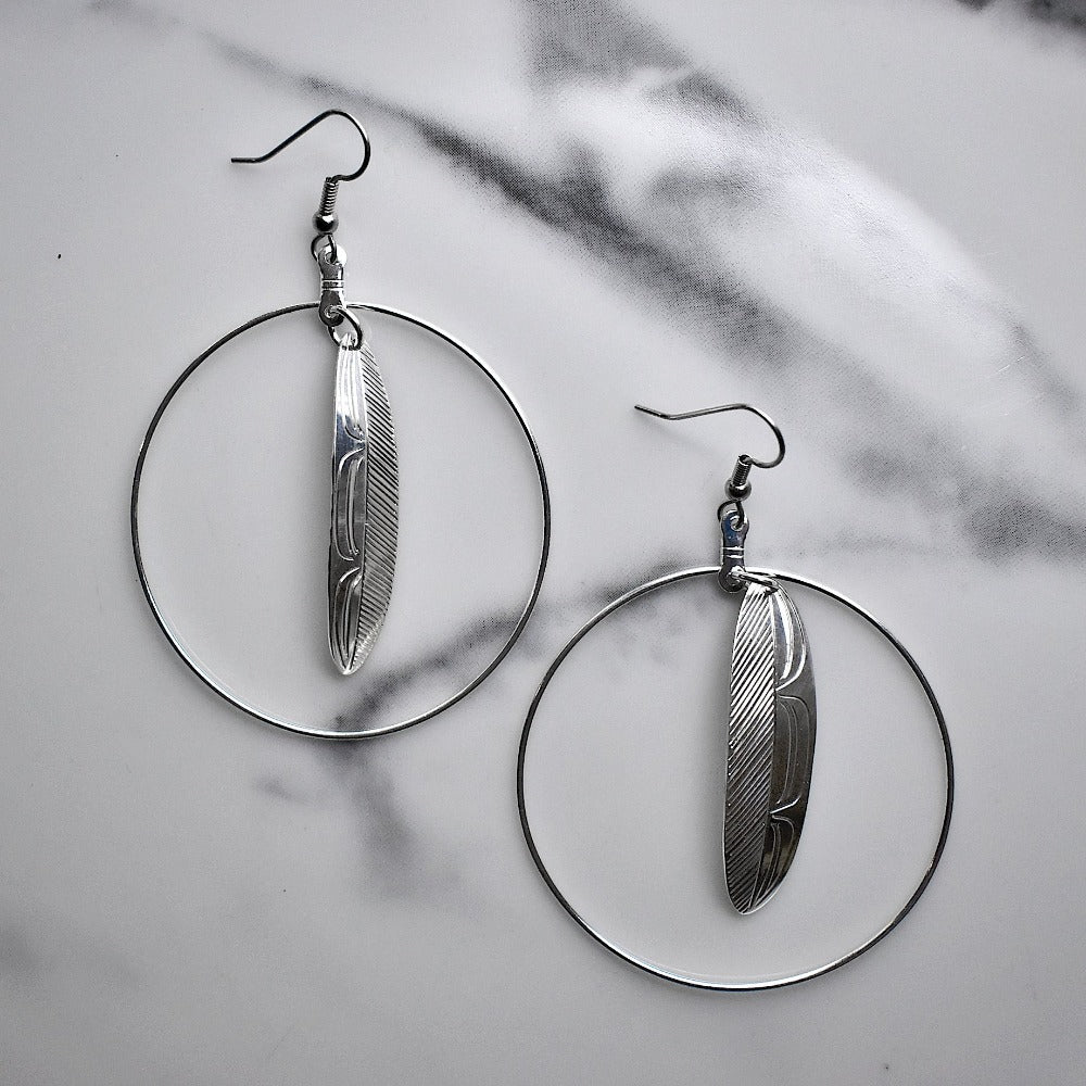 Feather in Circle Drop Earrings - Magpie Jewellery