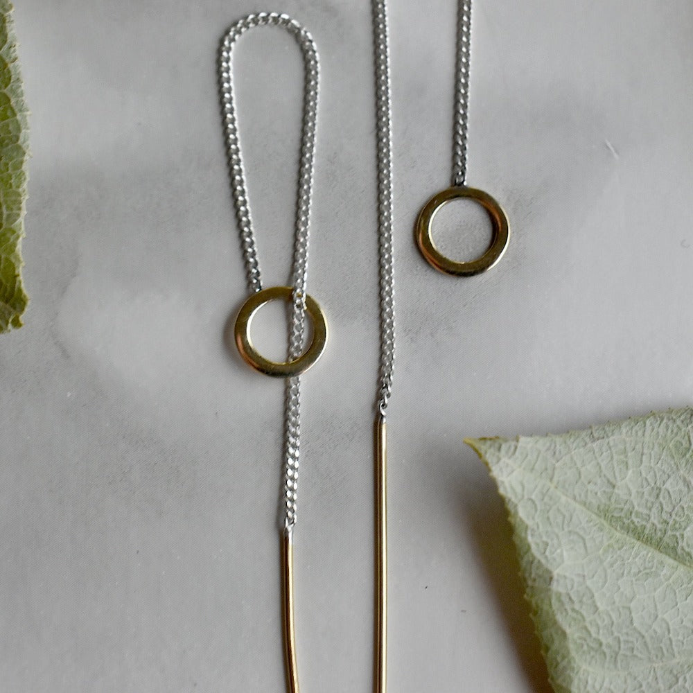 Planet Brass &amp; Silver Chain Ear Threaders - Magpie Jewellery