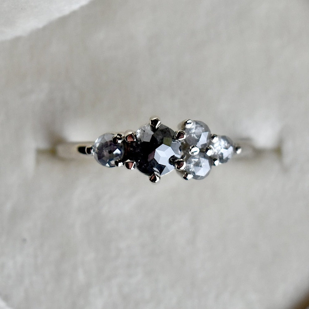 Asymmetrical Five Stone Salt & Pepper Diamond Ring - Magpie Jewellery