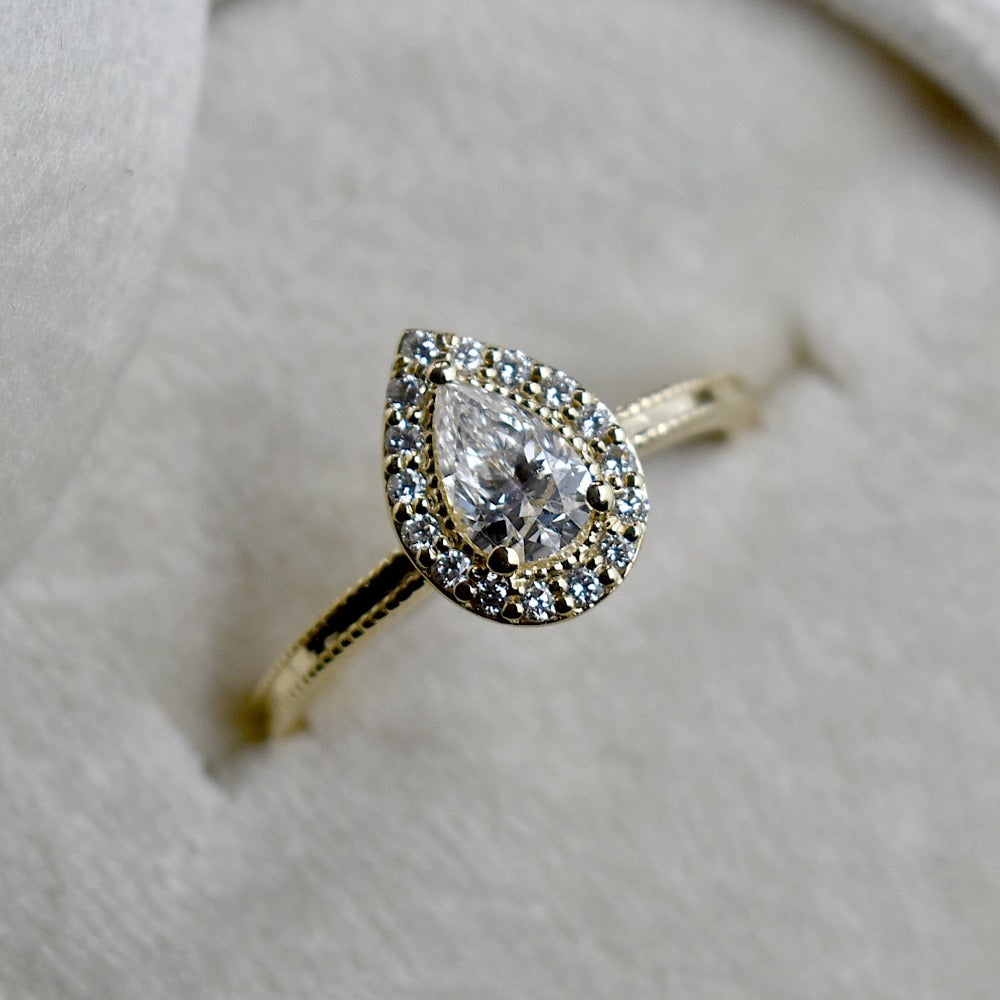0.44ct Lab-Grown Pear-Shaped Diamond Halo Engagement Ring with Milgrain Band - Magpie Jewellery