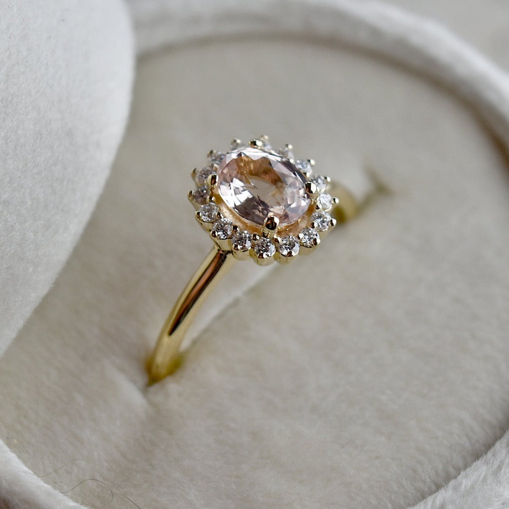 Oval Peach Sapphire Halo Engagement Ring - Magpie Jewellery