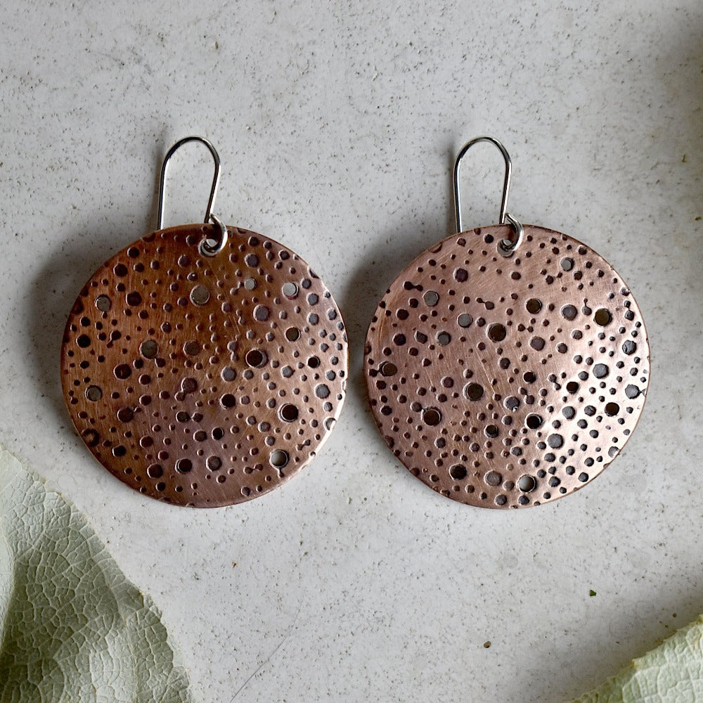 Oxidized Dots Large Copper Disc Drop Earrings - Magpie Jewellery