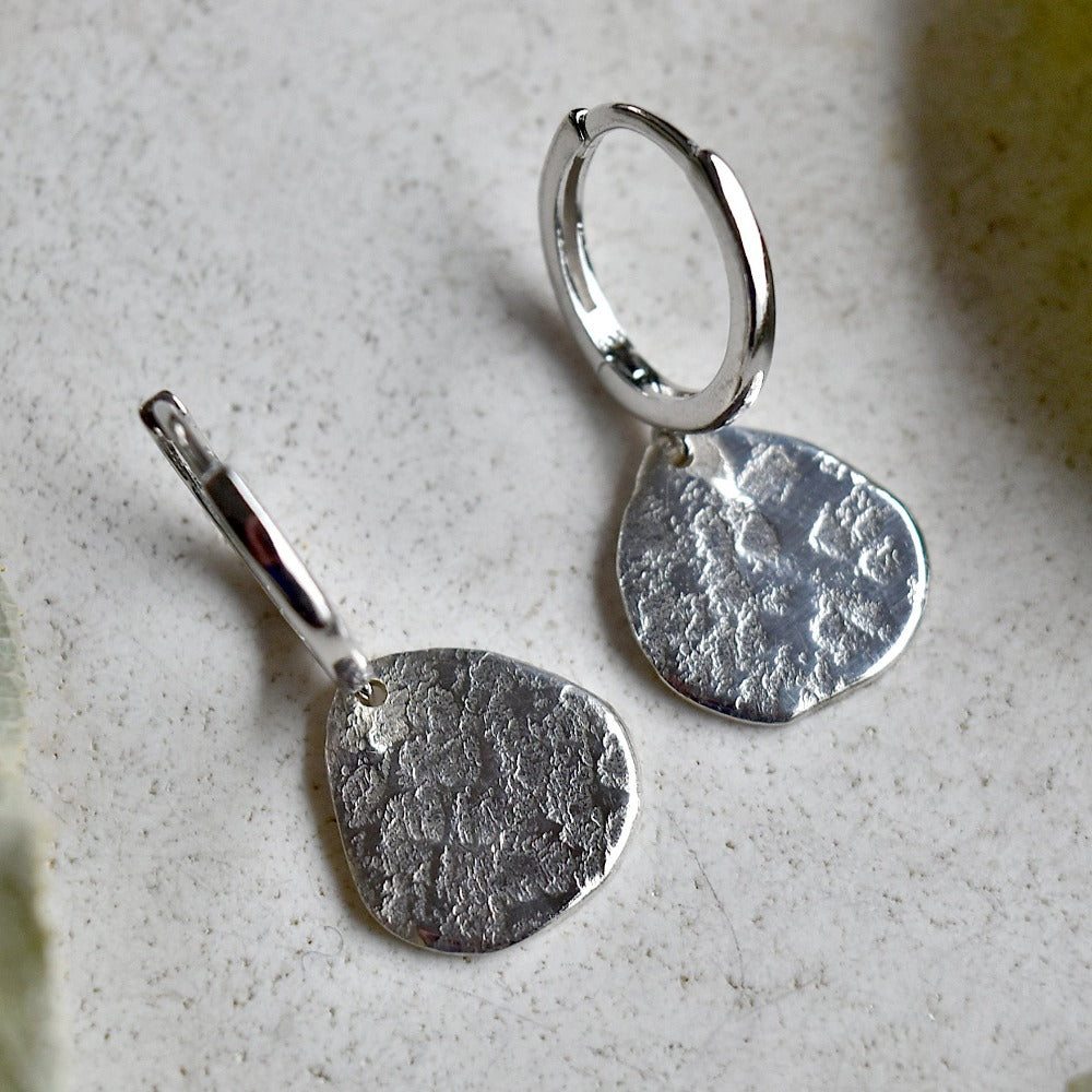 'Concrete' Silver Huggie Hoop with Small Drop - Magpie Jewellery