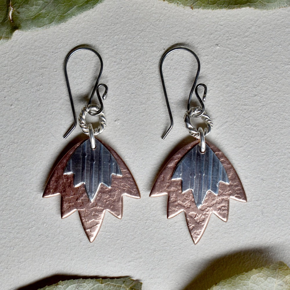 Copper Lotus Flower Double Drop Earrings - Magpie Jewellery