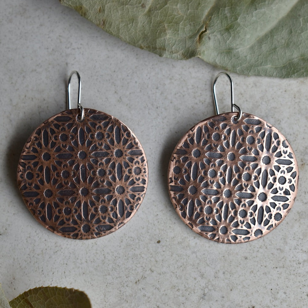 'Lines & Circles' Large Copper Disc Drop Earrings - Magpie Jewellery
