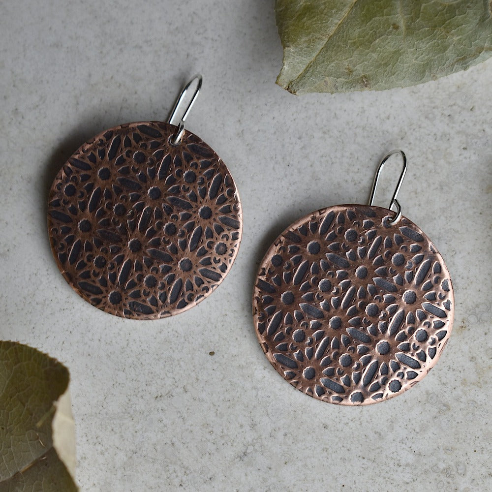 &#39;Lines &amp; Circles&#39; Large Copper Disc Drop Earrings - Magpie Jewellery