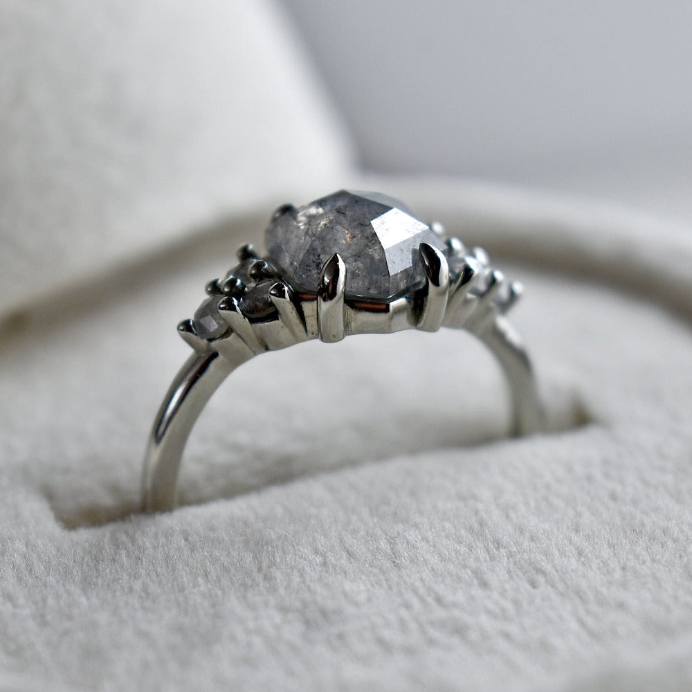 Hexagonal Salt &amp; Pepper Diamond Ring with Clustered Accents - Magpie Jewellery