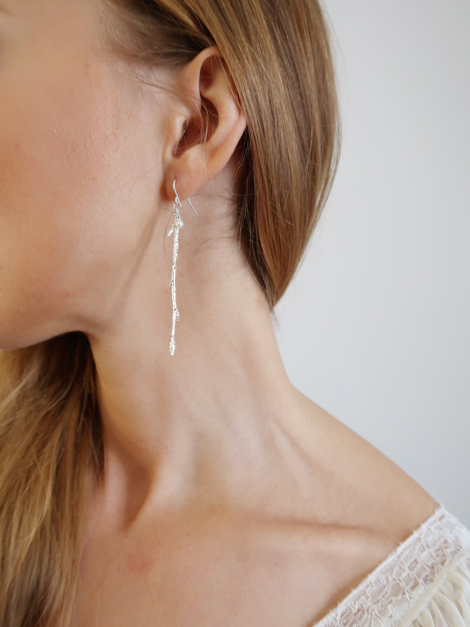 Dangling Branch Earrings with Pearl - Magpie Jewellery