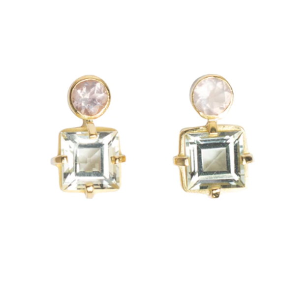 Isola Bella Gold Vermeil Green Amethyst &amp; Rose Quartz Stud Earrings - Magpie Jewellery