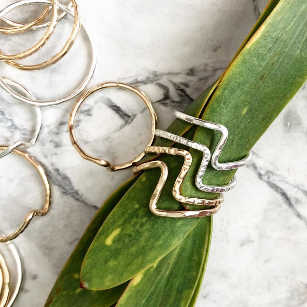 Zig-Zag Stacking Ring - Faceted | Magpie Jewellery | Ring Display | Stacked on Leaves