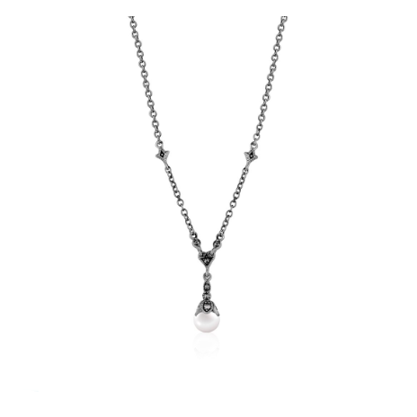 Marcasite Petal &amp; Pearl Drop Necklace - Magpie Jewellery
