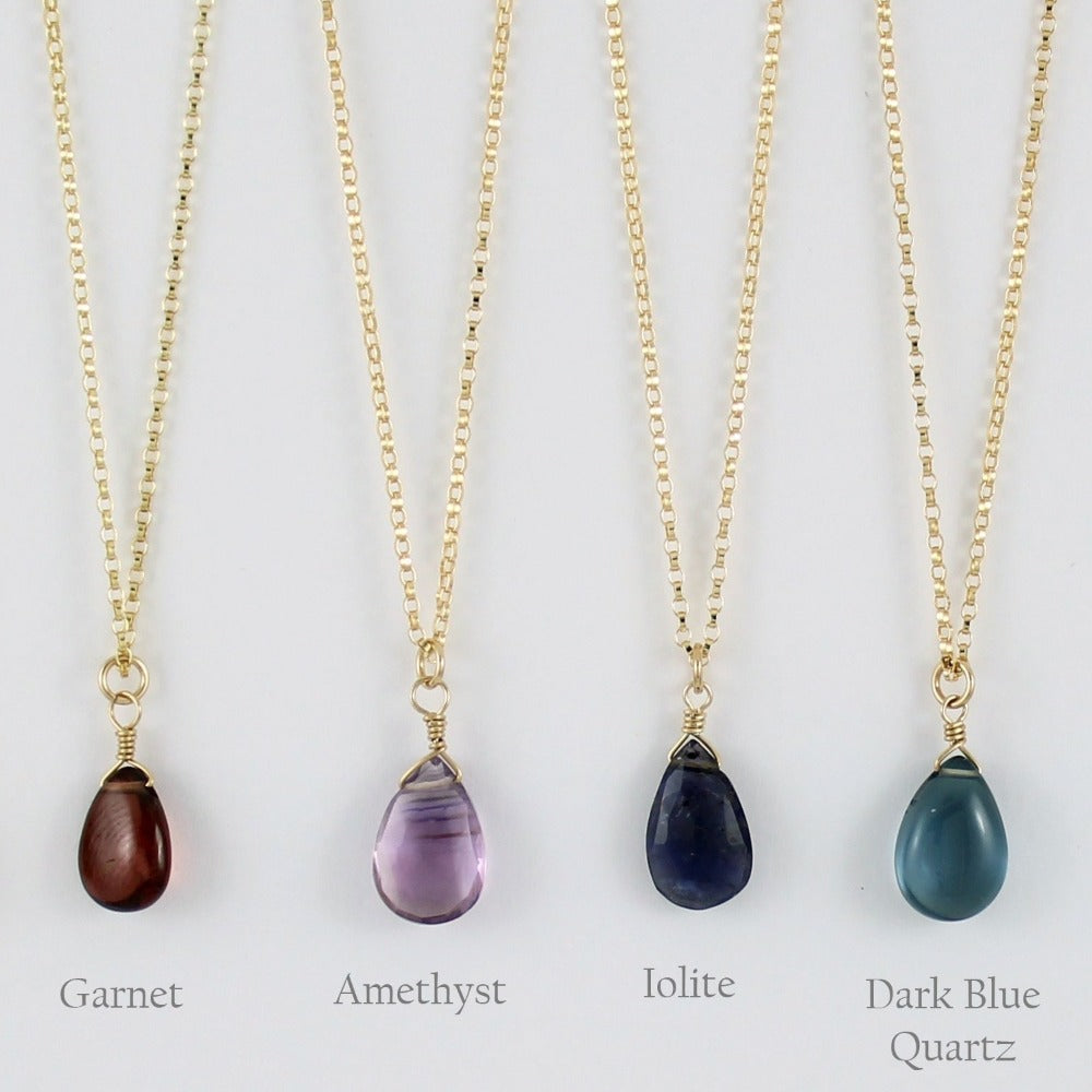 Gold Fill Gemstone Solo Necklace | Magpie Jewellery | Yellow Gold | Garnet | Amethyst, Faceted | Iolite, Faceted | Dark Blue Quartz | Stones Listed Left-to-Right | Labelled