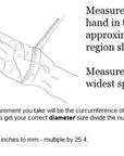Bangle Measurement Guide | Text: "Measure your hand in the approximate region shown. Measure at the widest spot." [Pictured: a hand with palm upwards, thumb folded towards palm. A cloth measuring tape is wrapped around the hand and lower region of the thumb at the widest point] | Smaller Text: "The measurement you take will be the circumference of your bracelet - to get your correct diameter (note: diameter is bolded) size divide the number by 3.14. To convert inches to millimetres - multiply by 25.4."