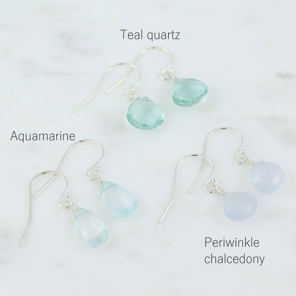 Gemstone Solo Earring | Magpie Jewellery | Silver | Teal Quartz | Perwinkle Chalcedony | Aquamarine | Stones Listed Clockwise | Labelled
