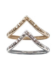 Finely textured gold-filled and silver rings with pointed chevrons.  
