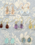 Gemstone Solo Earring | Magpie Jewellery | Rose Gold | Yellow Gold | Silver | Champagne Quartz | Moonstone | Garnet | Amethyst | Citrine | Aqua Chalcedony | Labradorite | Stones Listed Left-to-Right Beginning With Top Row | Labelled