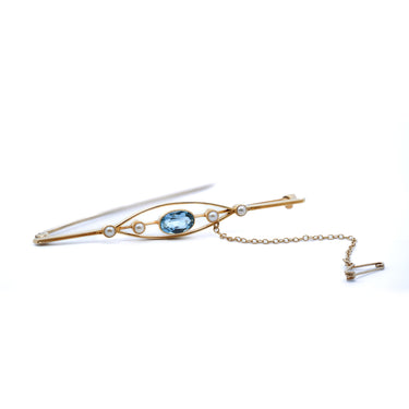 Magpie Vintage- Brooch 14ky Gold & Aquamarine and Seed Pearls