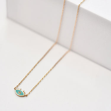 Yellow Gold Evil Eye with CZ & Turquoise Enamel Necklace