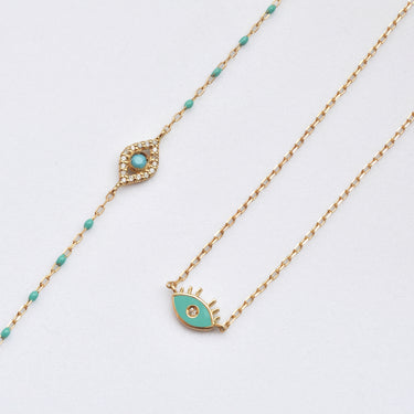 Yellow Gold Evil Eye with CZ & Turquoise Enamel Necklace