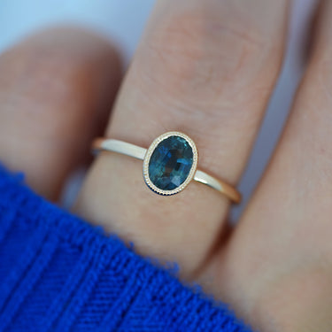 'Anne' Bezel Solitaire Ring w/Teal Sapphire