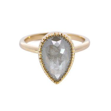 'Anne' Bezel Solitaire Ring w. 2.76ct Pear Shaped Salt & Pepper Diamond
