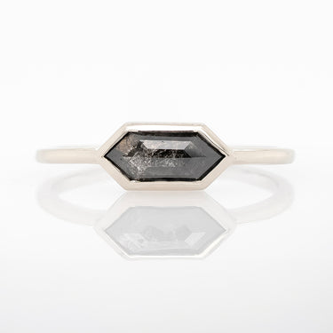 White Gold East-West Hexagonal Salt & Pepper Diamond Solitaire | Magpie Jewellery