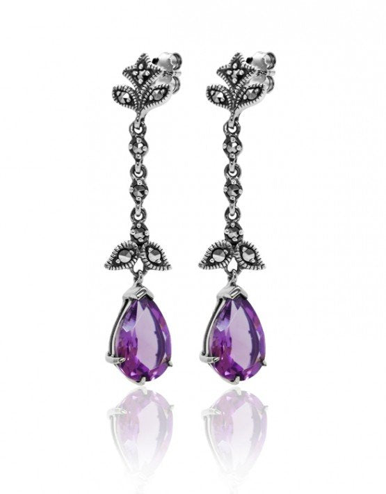 Sterling Silver Dangling Gemstone Earrings with Prong Set Marcasite stones.