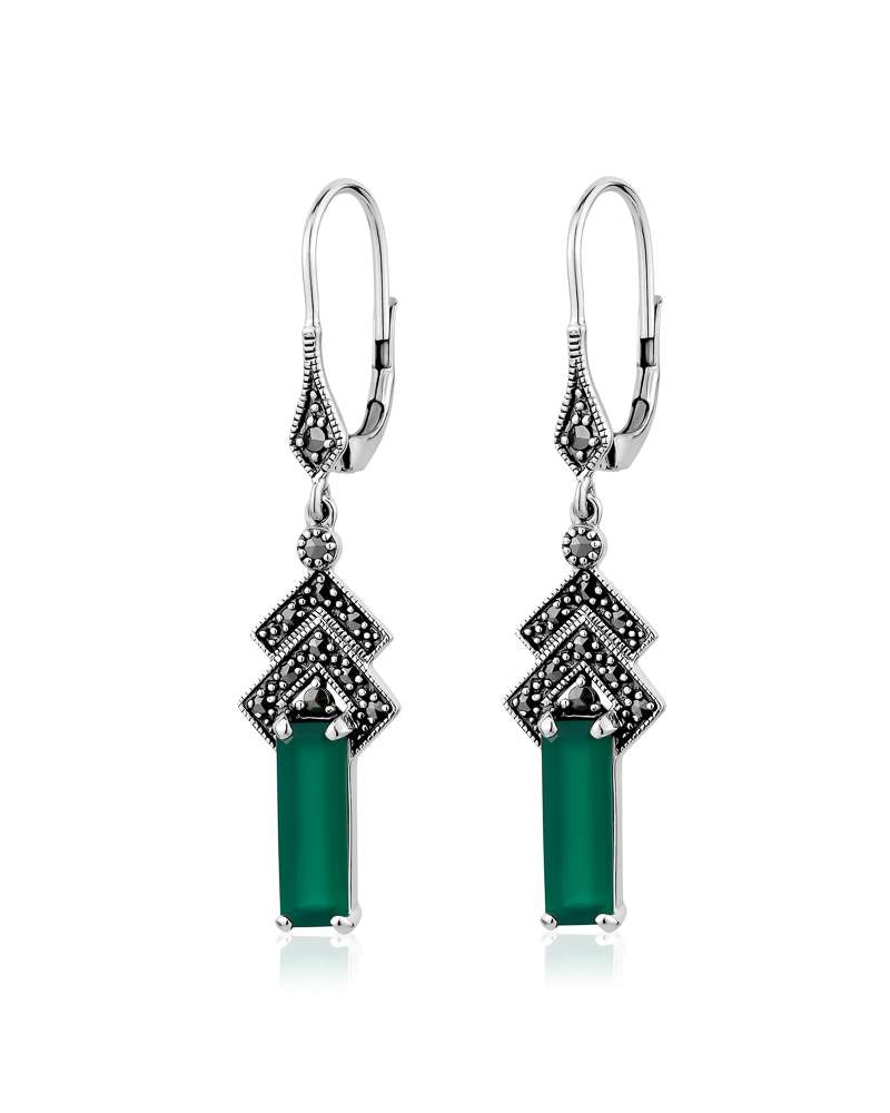 Oxidized silver vintage green onyx faceted earrings with prong-set marcasite.