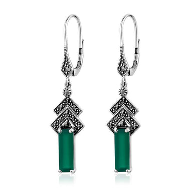 Oxidized silver vintage green onyx faceted earrings with prong-set marcasite.