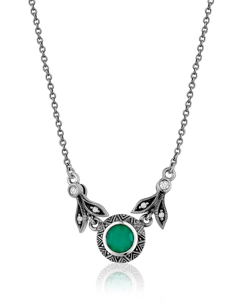 Oxidized silver necklace with faceted green chalcedony and prong-set cubic zirconia, sterling silver oxidized chain adjustable 16-18"