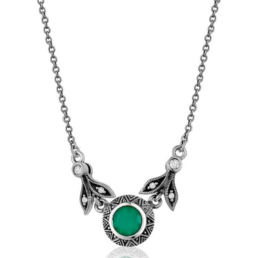 Oxidized silver necklace with faceted green chalcedony and prong-set cubic zirconia, sterling silver oxidized chain adjustable 16-18"