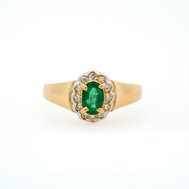 Magpie Vintage- 14ky Emerald Ring w/ Diamond Halo