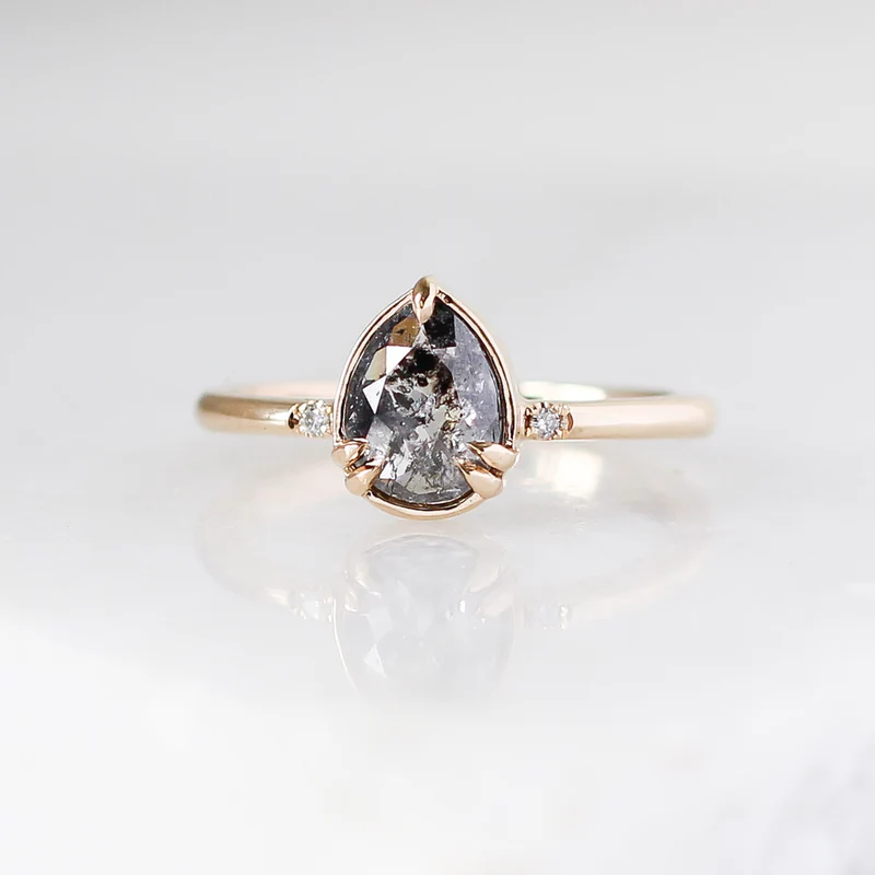 14k yellow Gold Pear Diamond Ring featuring natural pear shaped salt & pepper rose cut diamond in a low profile setting