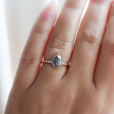 14k yellow Gold Pear Diamond Ring featuring natural pear shaped salt & pepper rose cut diamond in a low profile setting | on model