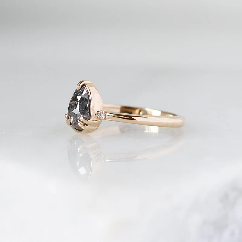 14k yellow Gold Pear Diamond Ring featuring natural pear shaped salt & pepper rose cut diamond in a low profile setting