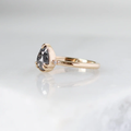 14k yellow Gold Pear Diamond Ring featuring natural pear shaped salt & pepper rose cut diamond in a low profile setting