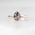 14k yellow Gold Pear Diamond Ring featuring natural pear shaped salt & pepper rose cut diamond in a low profile setting