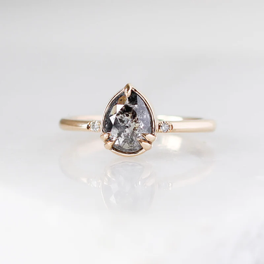 14k yellow Gold Pear Diamond Ring featuring natural pear shaped salt & pepper rose cut diamond in a low profile setting