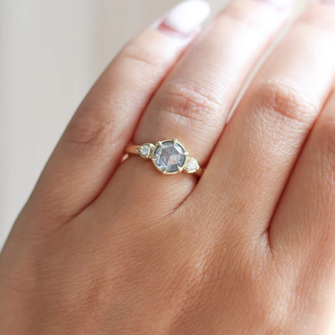 14k Yellow Gold Band featuring a natural rose cut salt & pepper diamond held securely in the middle with six prongs and accented by round brilliant cut diamonds | on model