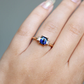 14k Yellow Gold ring with a 1.37ct Trilogy Emerald Cut Blue Sapphire, and 
2 0.19ct straight baguette cut natural white sapphires | on hand model